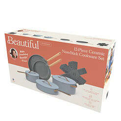 Beautiful 12pc Ceramic Non-Stick Cookware Set, Cornflower Blue by Drew Barrymore