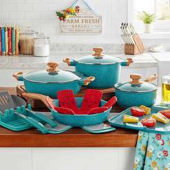 The Pioneer Woman Prairie Signature 14-Piece Cast Aluminum Cookware Set, Teal Speckle