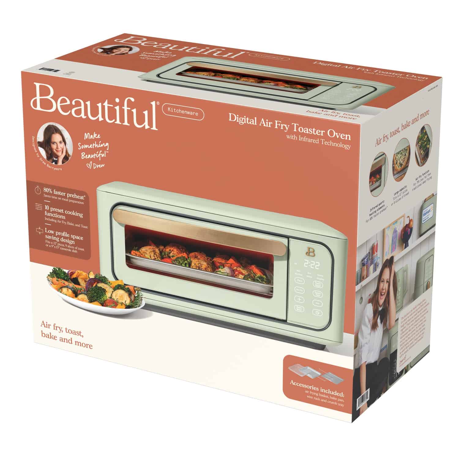 Beautiful Infrared Air Fry Toaster Oven, 9-Slice, 1800 W, Sage Green by Drew Barrymore