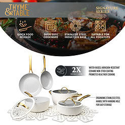Thyme & Table Signature Ribbed 12-Piece Cookware Set Non-Stick- White & Gold