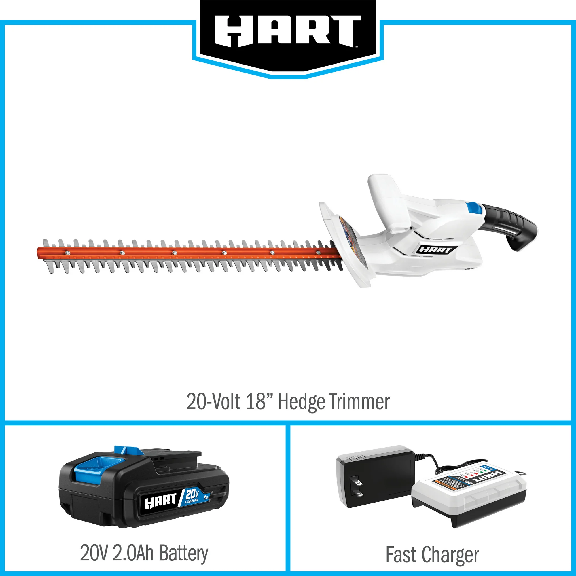 HART 20 Volt Cordless 18 inch Hedge Trimmer Kit, (1) 2.0Ah Lithium-Ion Battery