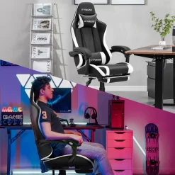 GTRACING GTWD-200 Gaming Chair with Footrest, Height Adjustable Office Swivel Recliner, White