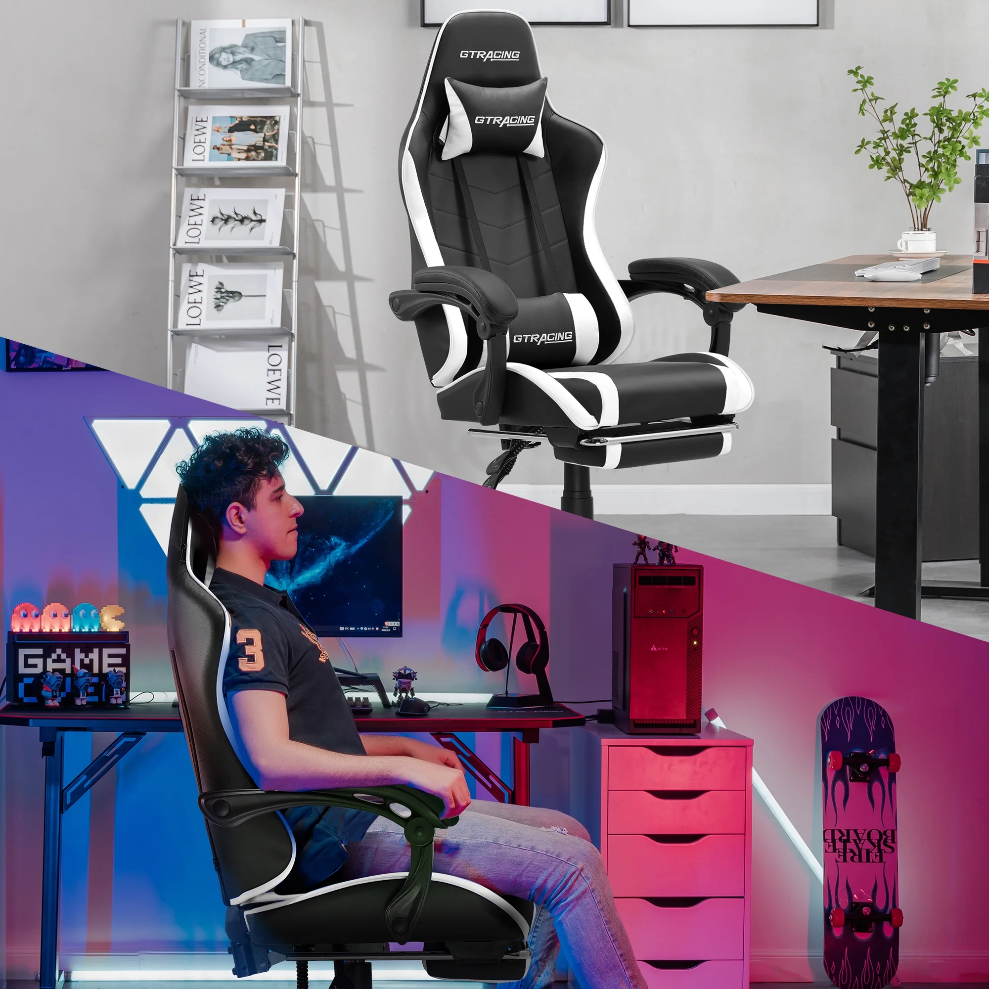GTRACING GTWD-200 Gaming Chair with Footrest, Height Adjustable Office Swivel Recliner, White