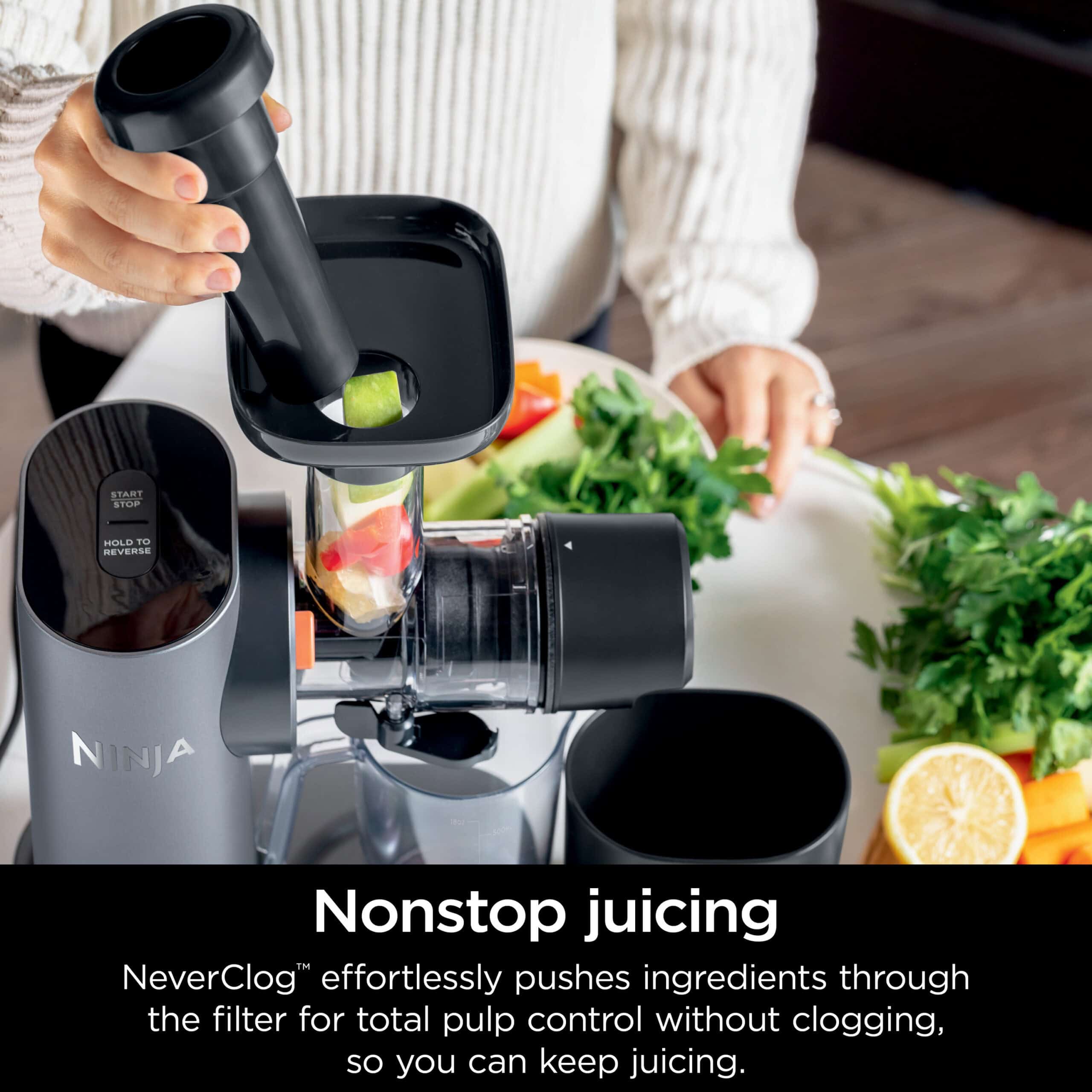 Ninja NeverClog 150 Watts Cold Press Juicer with 18oz Jug, 30oz Pulp Container, 2-Speed, Compact, Red