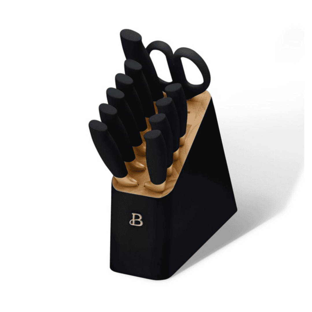 Beautiful 12 Piece Stainless Steel Knife Set Block Soft Grip Handles Black Sesame by Drew Barrymore