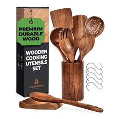 Wooden Spoons for Cooking, Wooden Cooking Utensils Set, Wooden Utensil Set with Holder, Spoon Rest & Hooks, 8-piece set