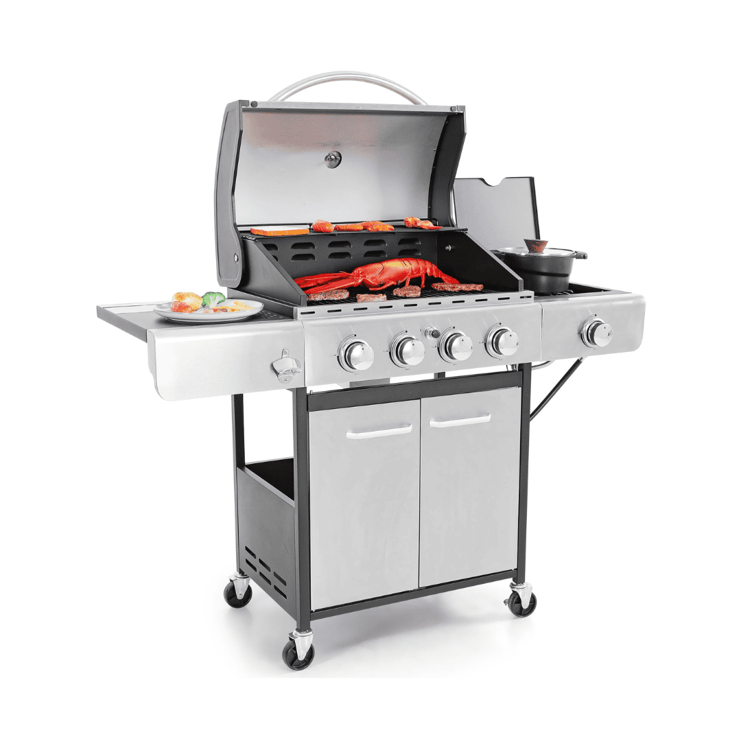 Captiva Designs 4-Burner Propane Gas BBQ Grill with Side Burner & Porcelain-Enameled Cast Iron Grates