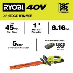 RYOBI RY40HG01K 40V 24 in. Cordless Battery Hedge Trimmer with 2.0 Ah Battery and Charger