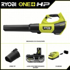 RYOBI PBLLB01K ONE+ HP 18V Brushless Whisper Series 130 MPH 510 CFM Cordless Battery Leaf Blower with 6.0 Ah Battery and Charger