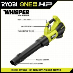 RYOBI PBLLB01K ONE+ HP 18V Brushless Whisper Series 130 MPH 510 CFM Cordless Battery Leaf Blower with 6.0 Ah Battery and Charger