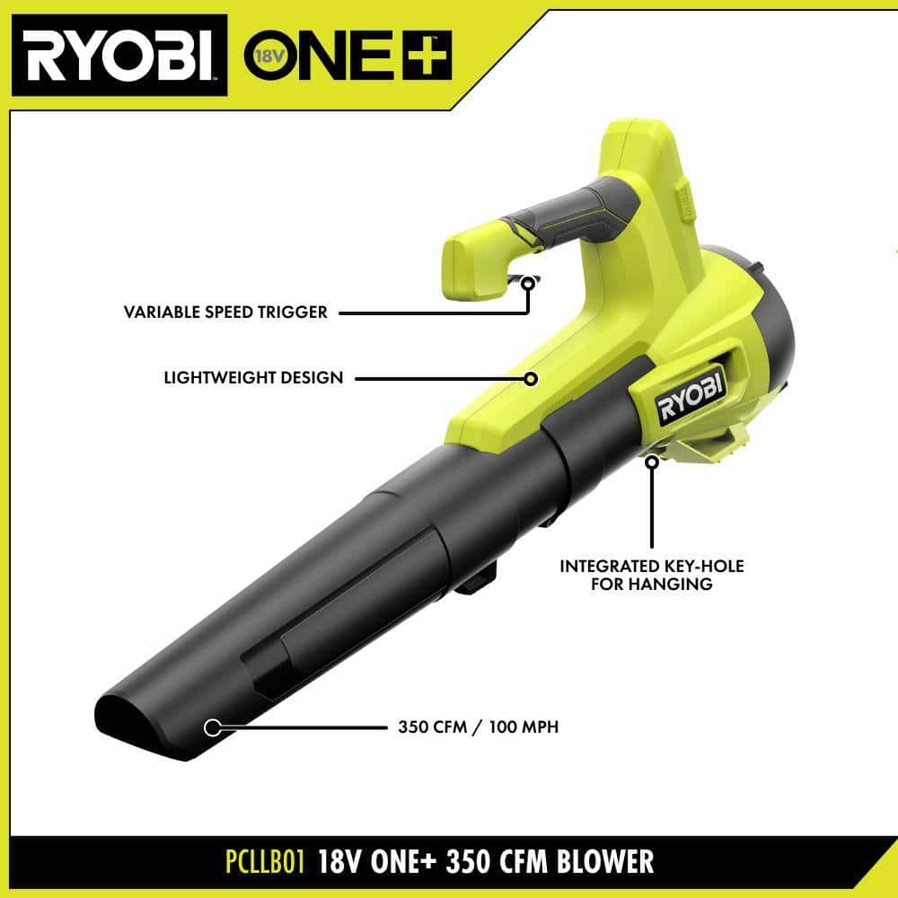 RYOBI PCLLB01K ONE+ 18V 100 MPH 350 CFM Cordless Battery Variable Speed Jet Fan Leaf Blower with 4.0 Ah Battery and Charger
