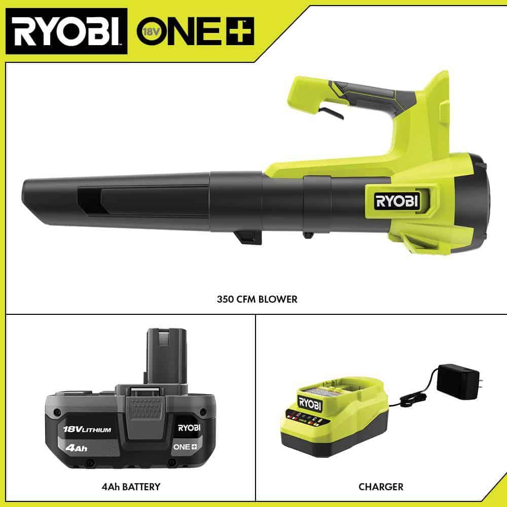RYOBI PCLLB01K ONE+ 18V 100 MPH 350 CFM Cordless Battery Variable Speed Jet Fan Leaf Blower with 4.0 Ah Battery and Charger