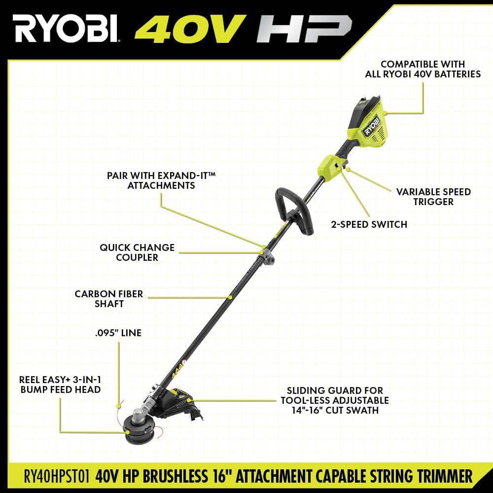 RYOBI RY40HPST01B 40V HP Brushless 16 in. Attachment Capable Cordless Battery Carbon Fiber Shaft String Trimmer (Tool Only)