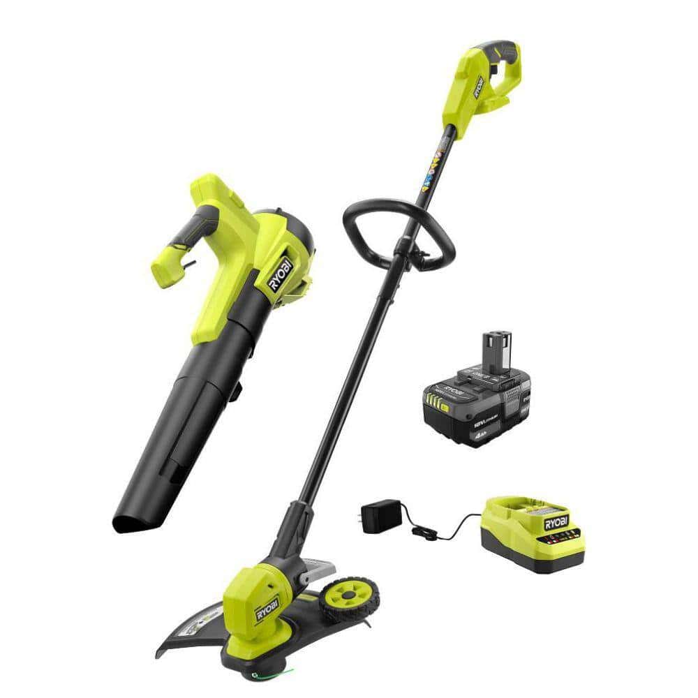 RYOBI PCLCK202K ONE+ 18V Cordless Battery String Trimmer/Edger and Jet Fan Blower Combo Kit (2-Tools) with 4.0 Ah Battery and Charger