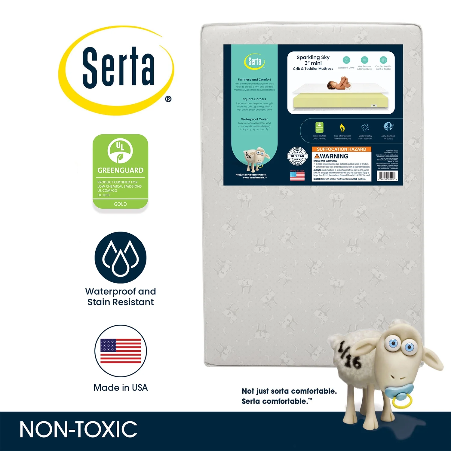 Serta Sparkling Sky 3" Mini/Portable Crib & Toddler Foam Mattress, GREENGUARD Gold
