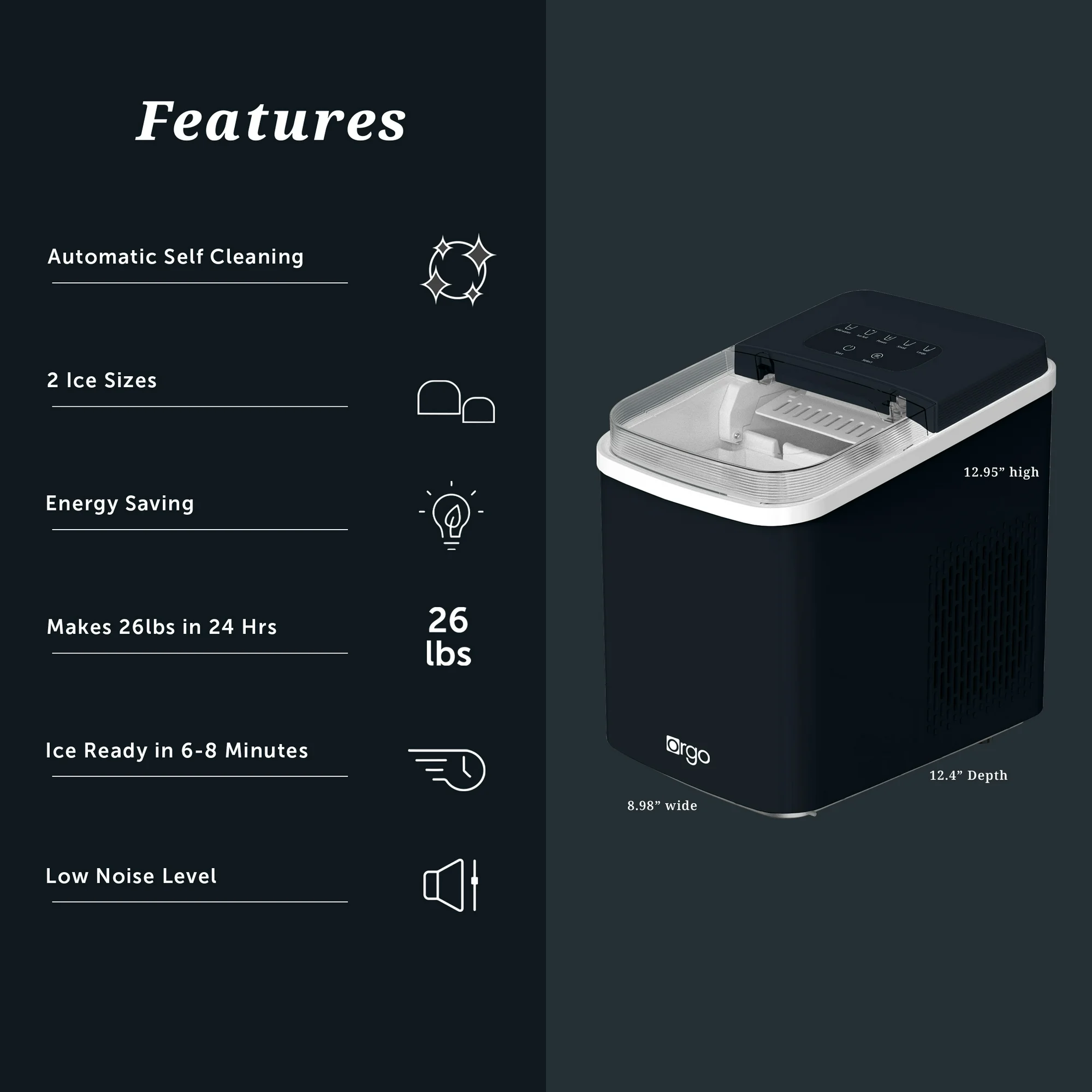 Orgo Products The Sierra Countertop Ice Maker, Bullet Shaped Ice Type, Black