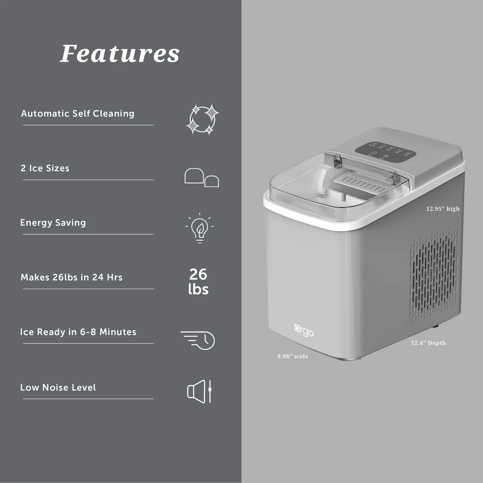 Orgo Products The Sierra Countertop Ice Maker, Bullet Shaped Ice Type, Charcoal