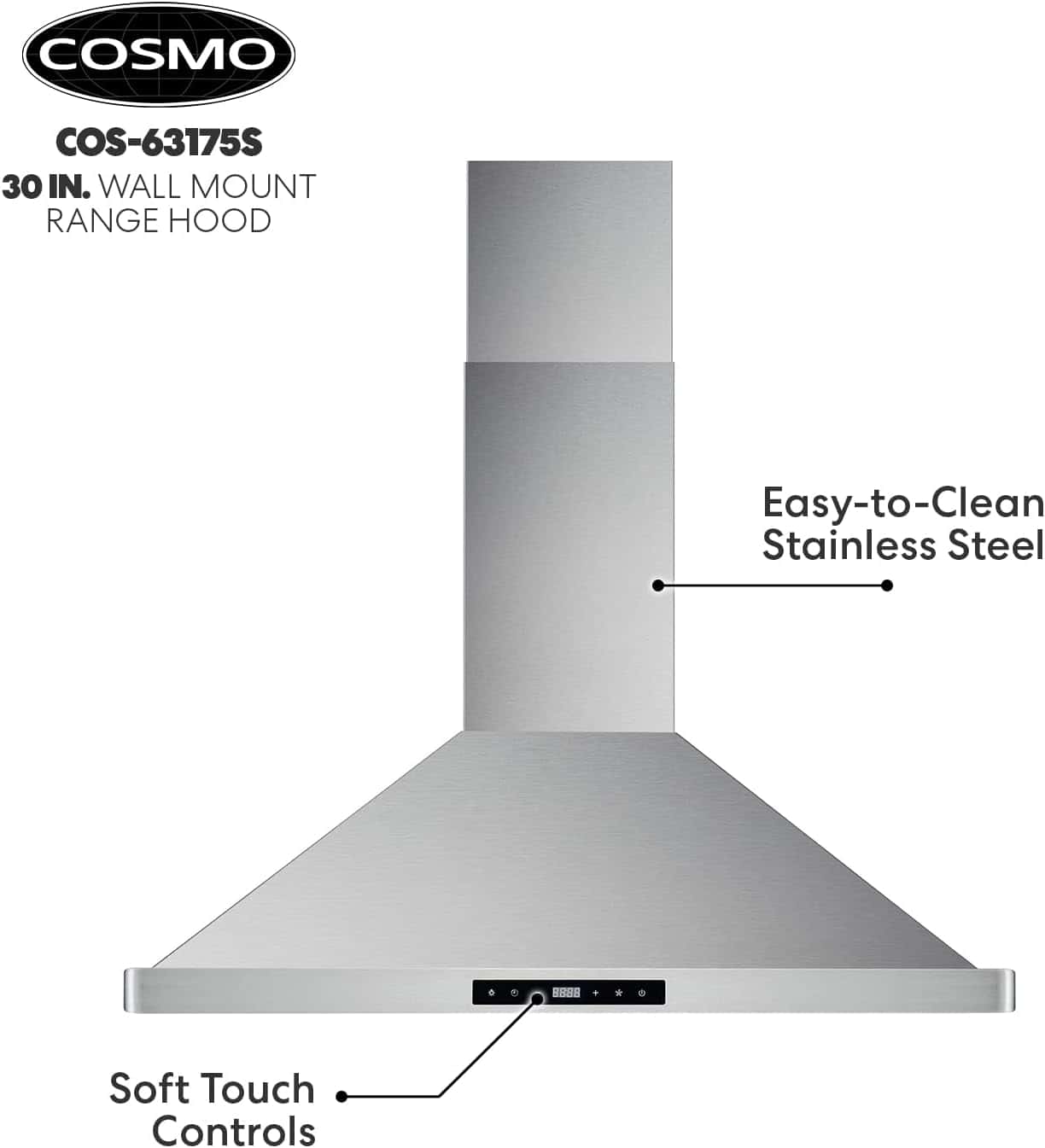 COSMO COS-63175S Wall Mount Range Hood with Ducted Convertible Ductless (No Kit Included), 3 Speed Fan in Stainless Steel (30 inch)