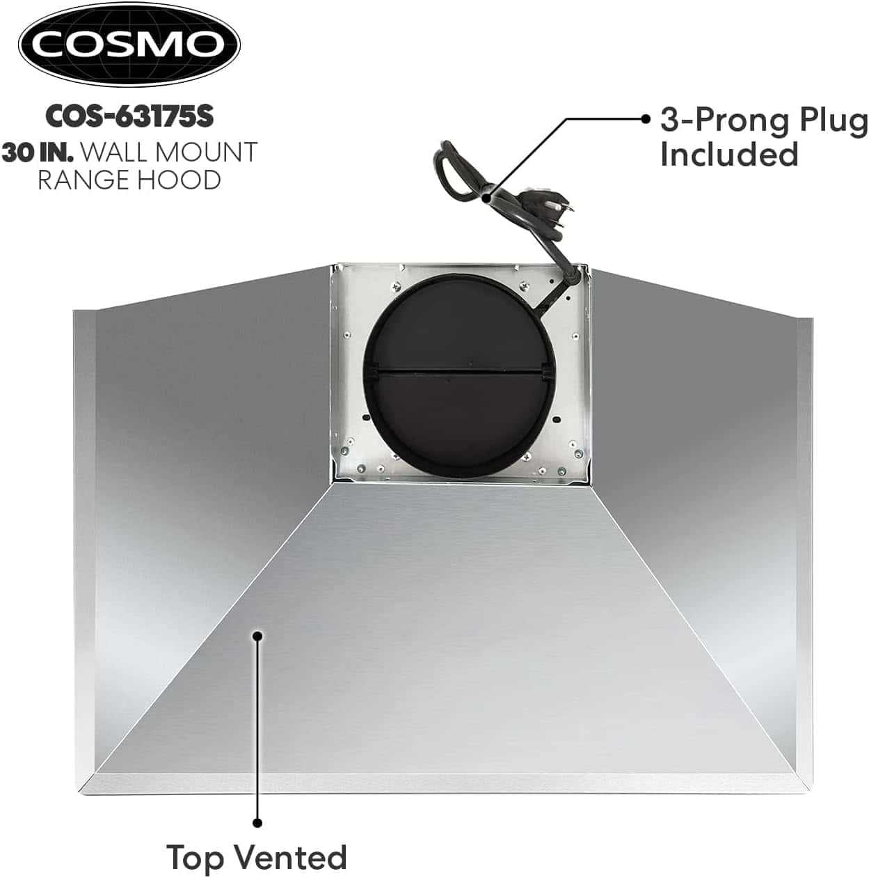 COSMO COS-63175S Wall Mount Range Hood with Ducted Convertible Ductless (No Kit Included), 3 Speed Fan in Stainless Steel (30 inch)