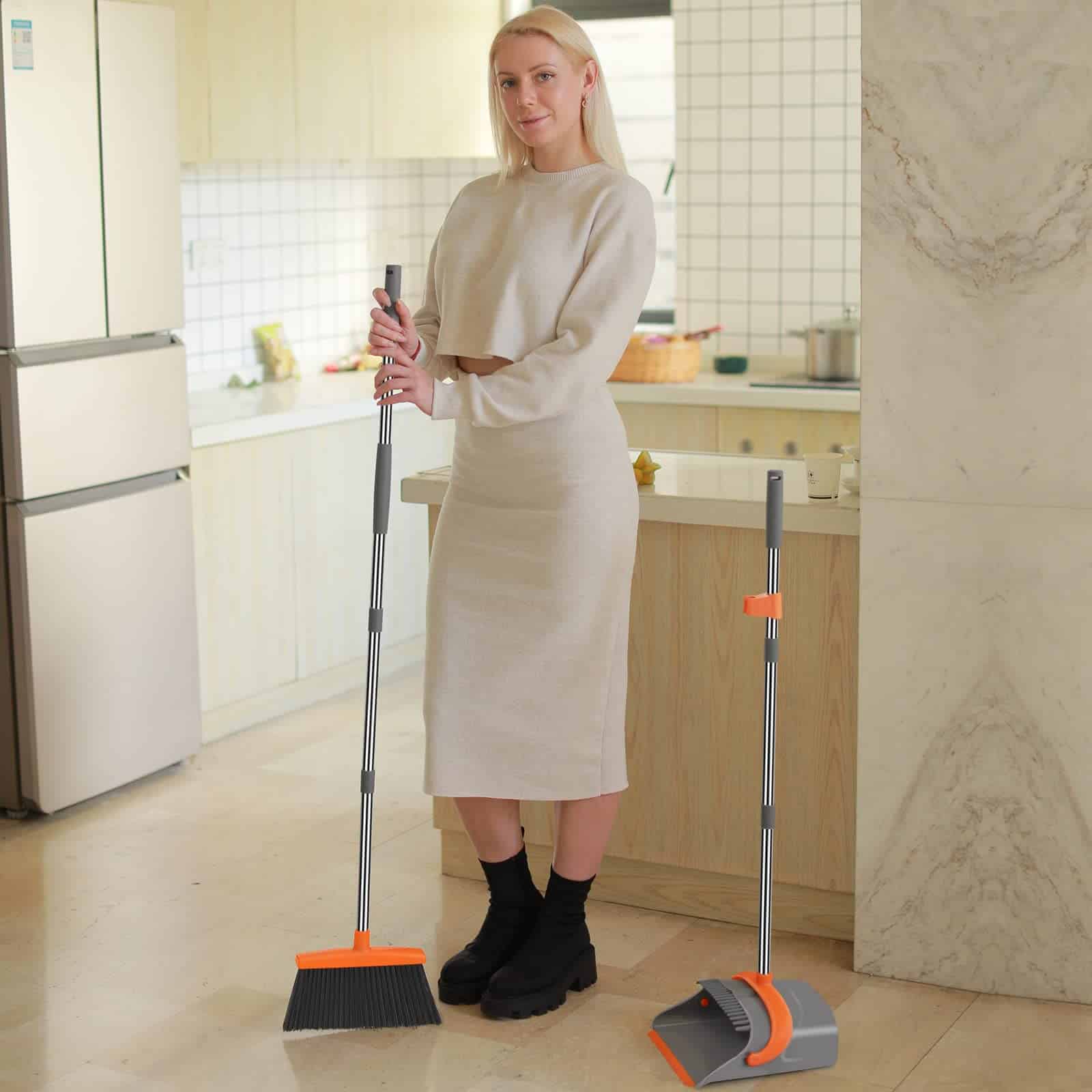 Broom and Dustpan Set for Home, Broom and Dustpan Combo for Office (Gray & Orange)