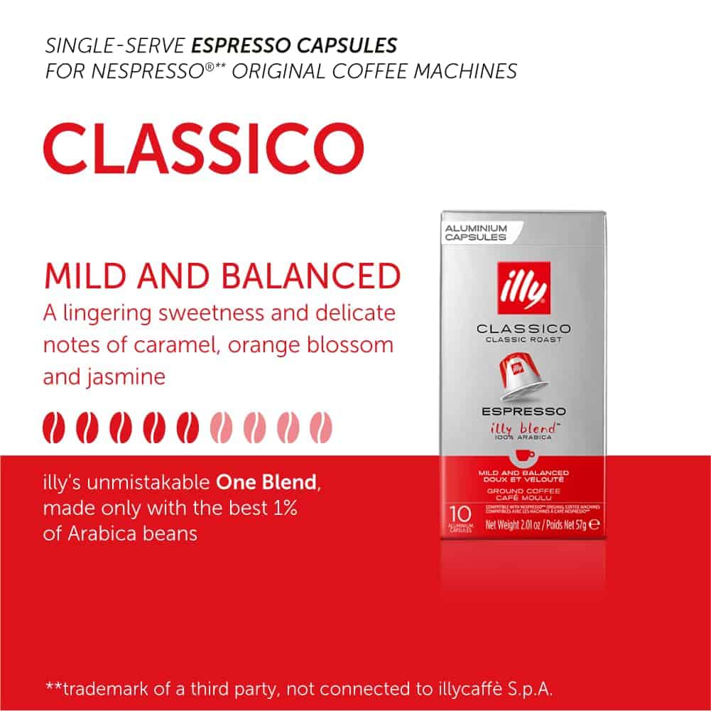 Illy Espresso Nespresso Compatible Single Serve Capsule Coffee Pods - Classico Medium Roast - 100 Count