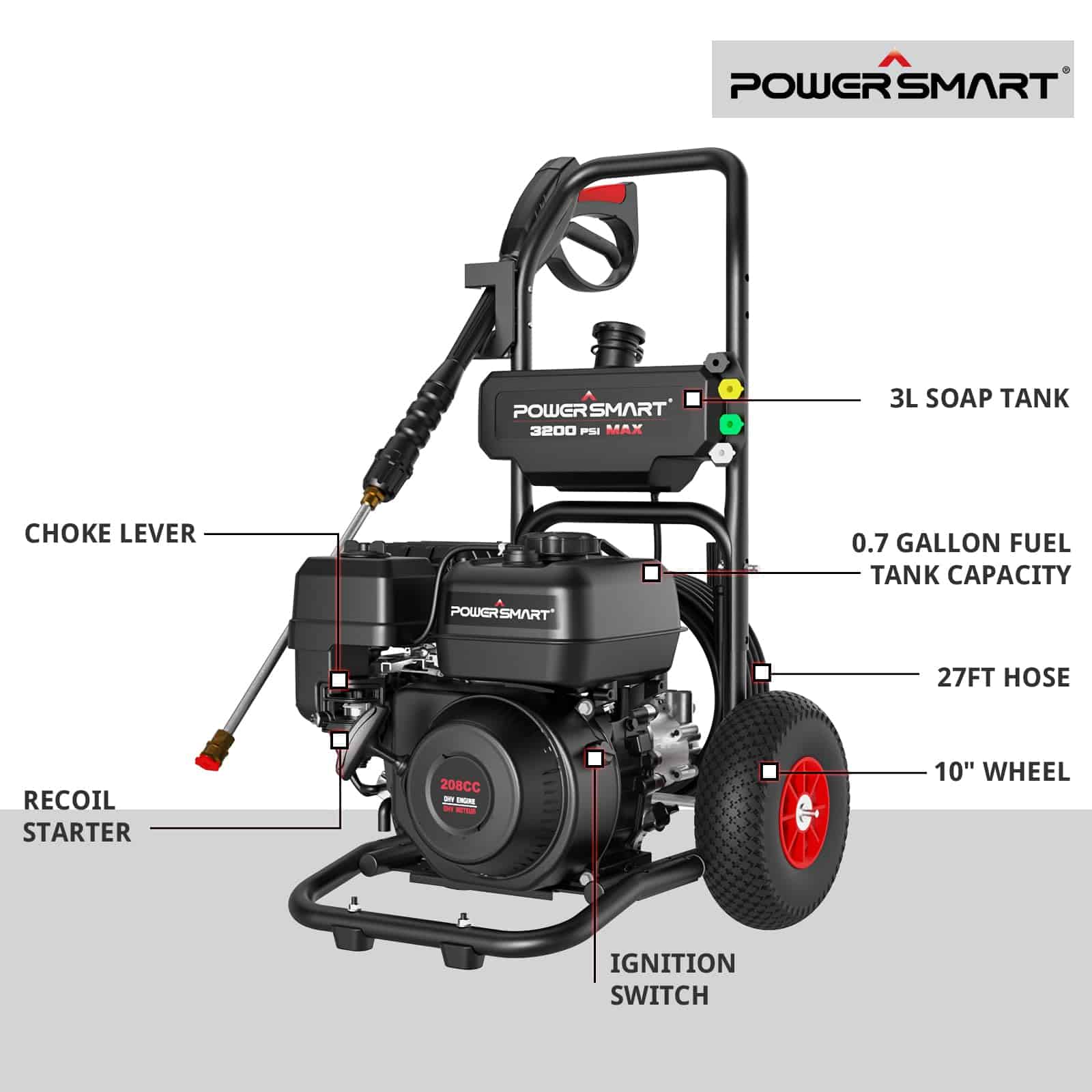 PowserSmart Gas Pressure Washer 3200 PSI, 2.5 GPM with Soap Tank, Metal Spray Wand, 5 Nozzles for House, Driveways (DB1051)