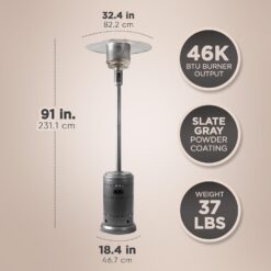 Amazon Basics 46,000 BTU Outdoor Propane Patio Heater with Wheels, Commercial & Residential, Slate Gray