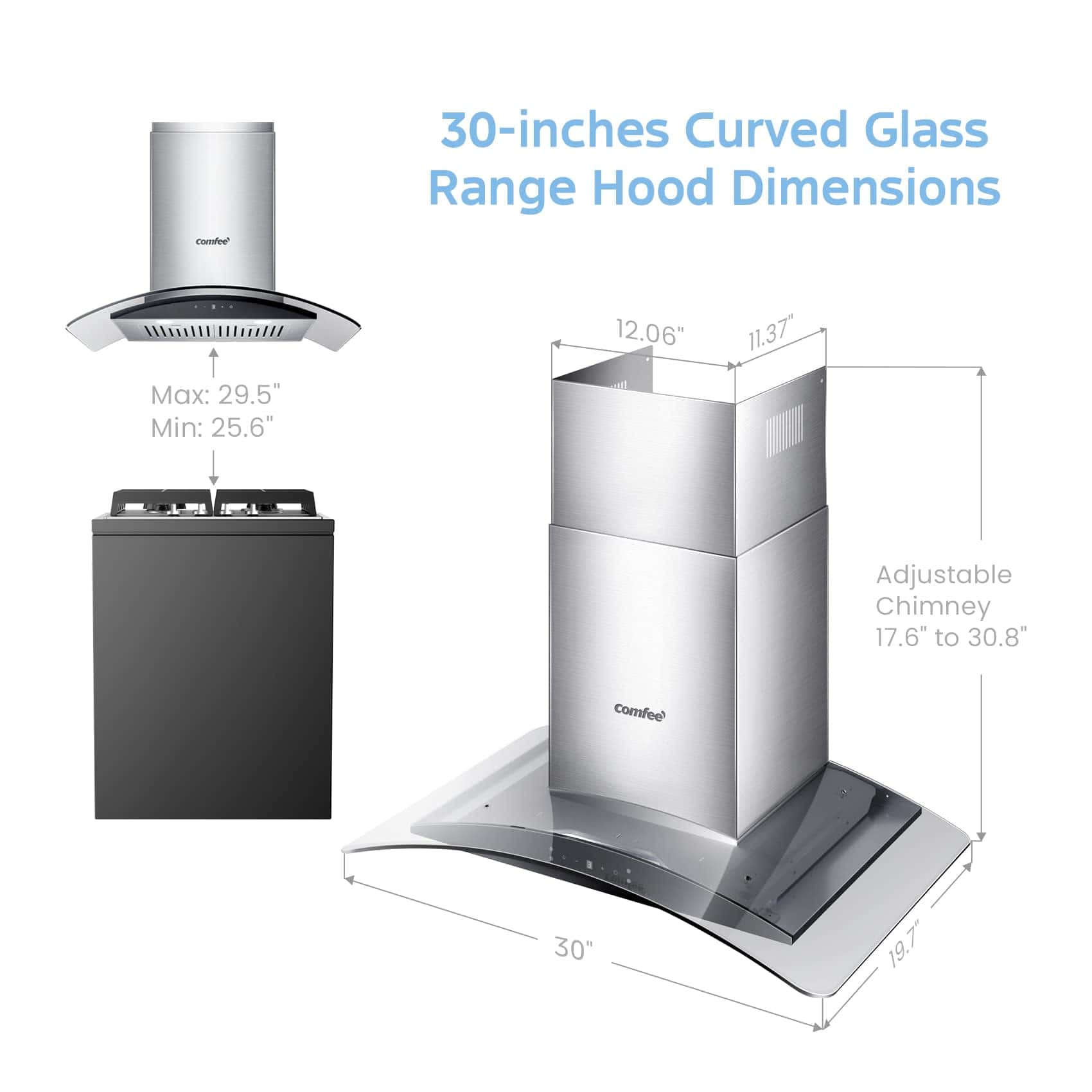 COMFEE Curved Glass Range Hood 30 Inch 450 CFM 3 Speed Gesture Sensing (CVG30W9AST)