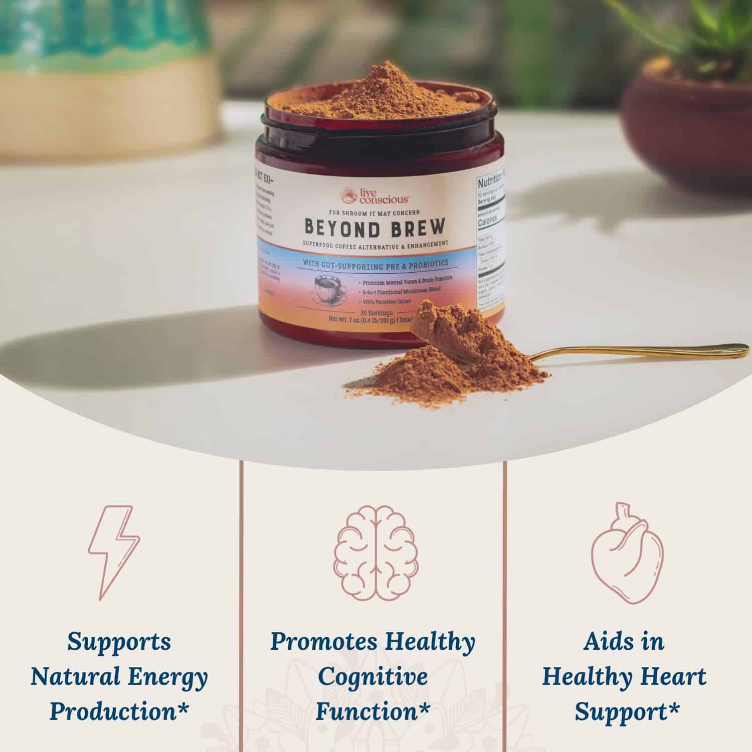 Live Conscious Beyond Brew Mushroom Superfood Coffee, 30 Servings Net Wt. 7 oz (0.4 lb/201g)