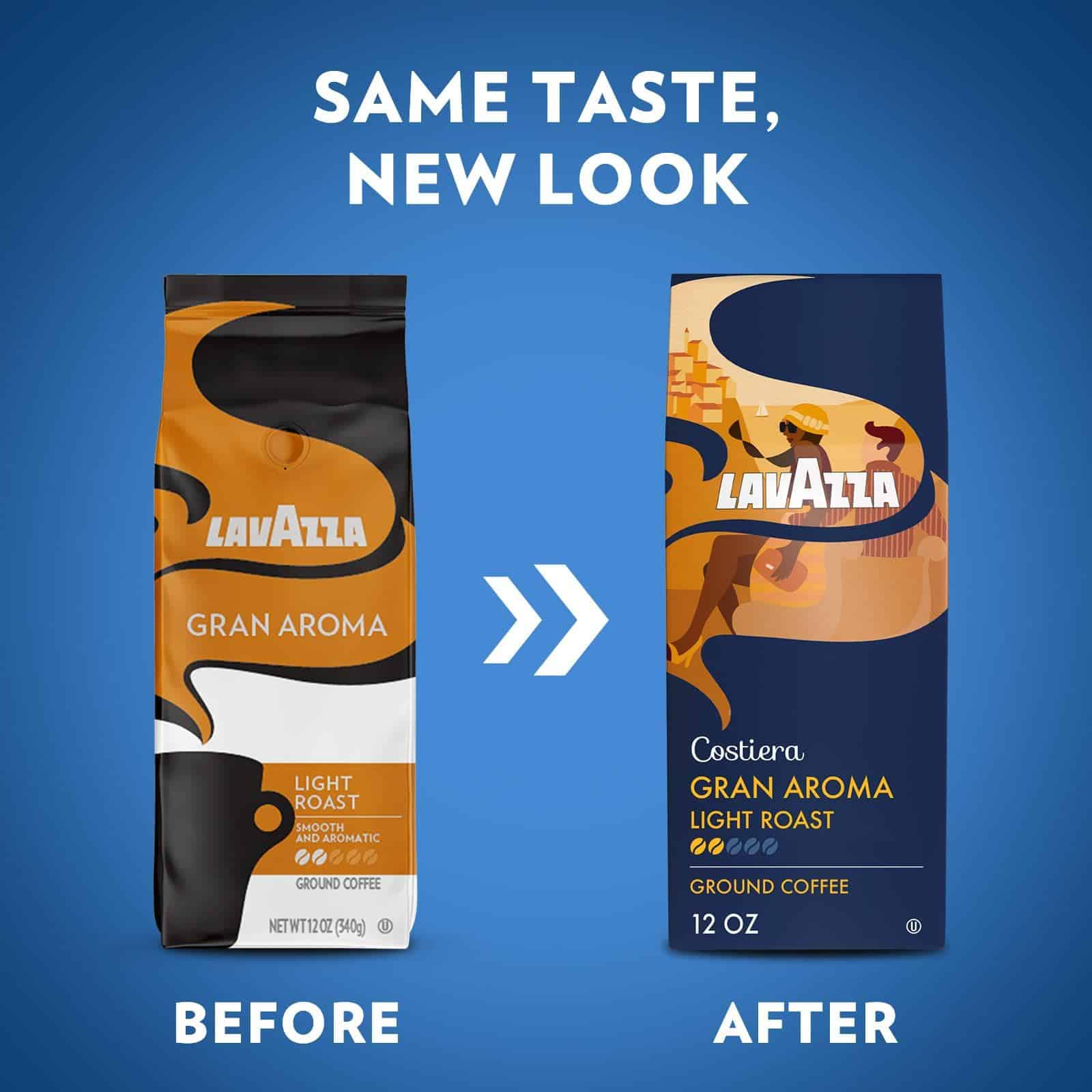 Lavazza Costiera Gran Aroma Ground Coffee 6 Bags of 12oz, Light Roast, Smooth and Aromatic Taste, Package May Vary