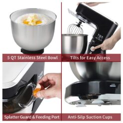 CUSIMAX Dough Mixer Tilt-Head Electric Mixer with 5-Quart Stainless Steel Bowl, Dough Hook, Mixing Beater and Whisk, Splash Guard, Black