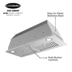 COSMO COS-30IRHP 30 in. Insert Range Hood with Push Button Controls, 3-Speed Fan, LED Lights and Permanent Filters in Stainless Steel