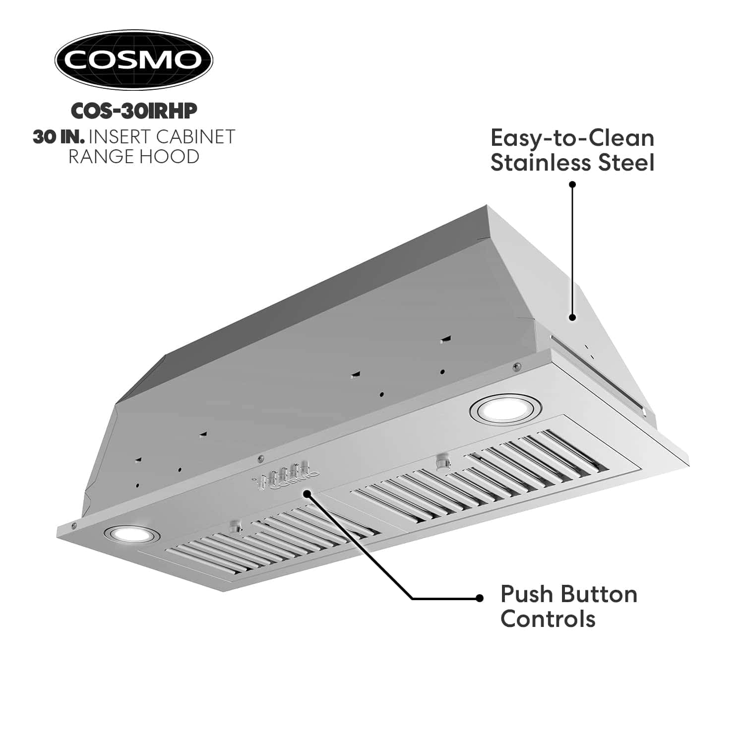 COSMO COS-30IRHP 30 in. Insert Range Hood with Push Button Controls, 3-Speed Fan, LED Lights and Permanent Filters in Stainless Steel