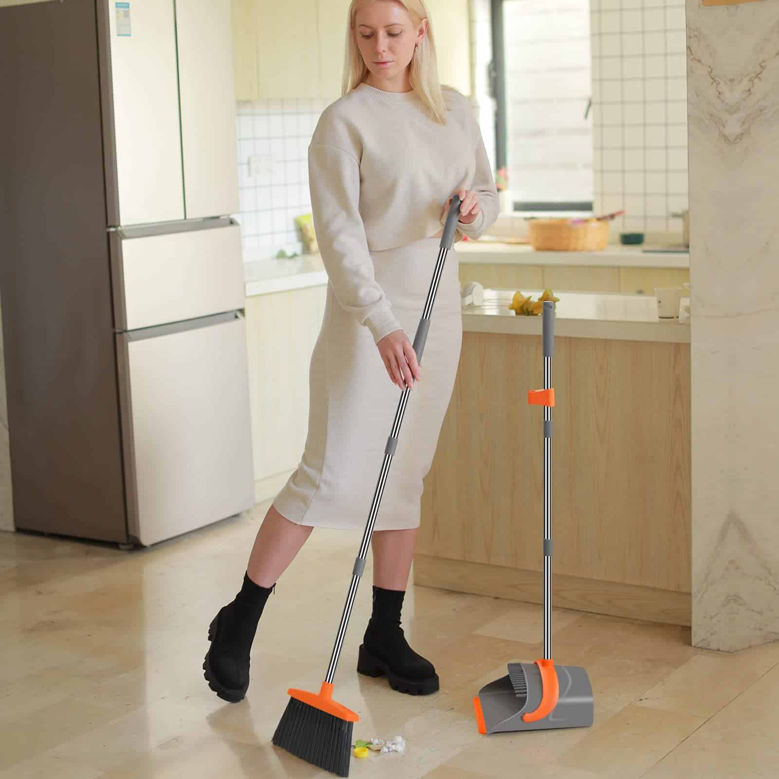 Broom and Dustpan Set for Home, Broom and Dustpan Combo for Office (Gray & Orange)