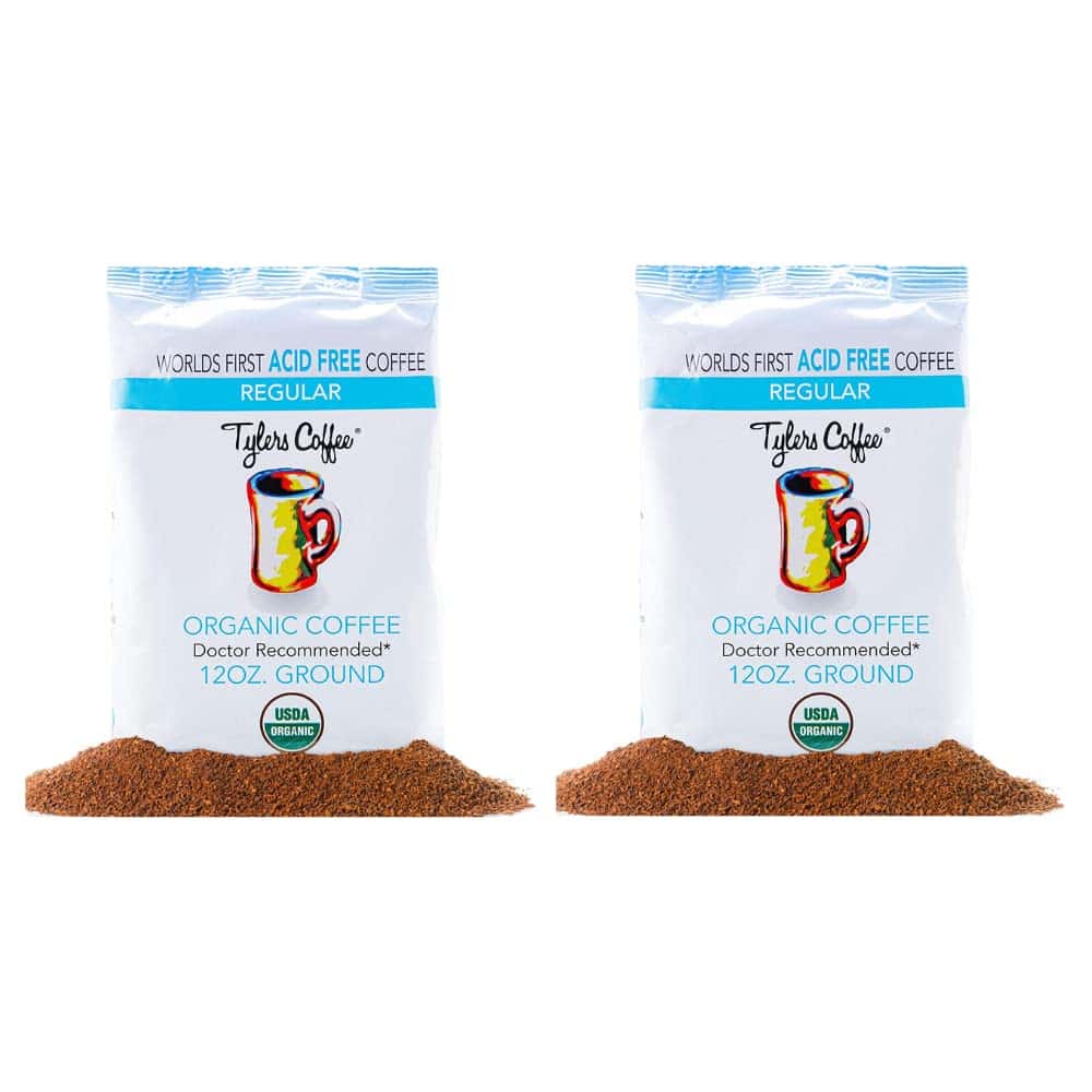 Tyler’s Acid Free Organic Ground Coffee - Arabica Full Flavor - Neutral pH - Caffeinated No Bitter Aftertaste 12 oz (Pack of 2)