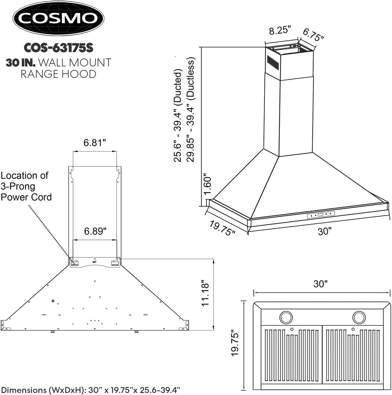 COSMO COS-63175S Wall Mount Range Hood with Ducted Convertible Ductless (No Kit Included), 3 Speed Fan in Stainless Steel (30 inch)
