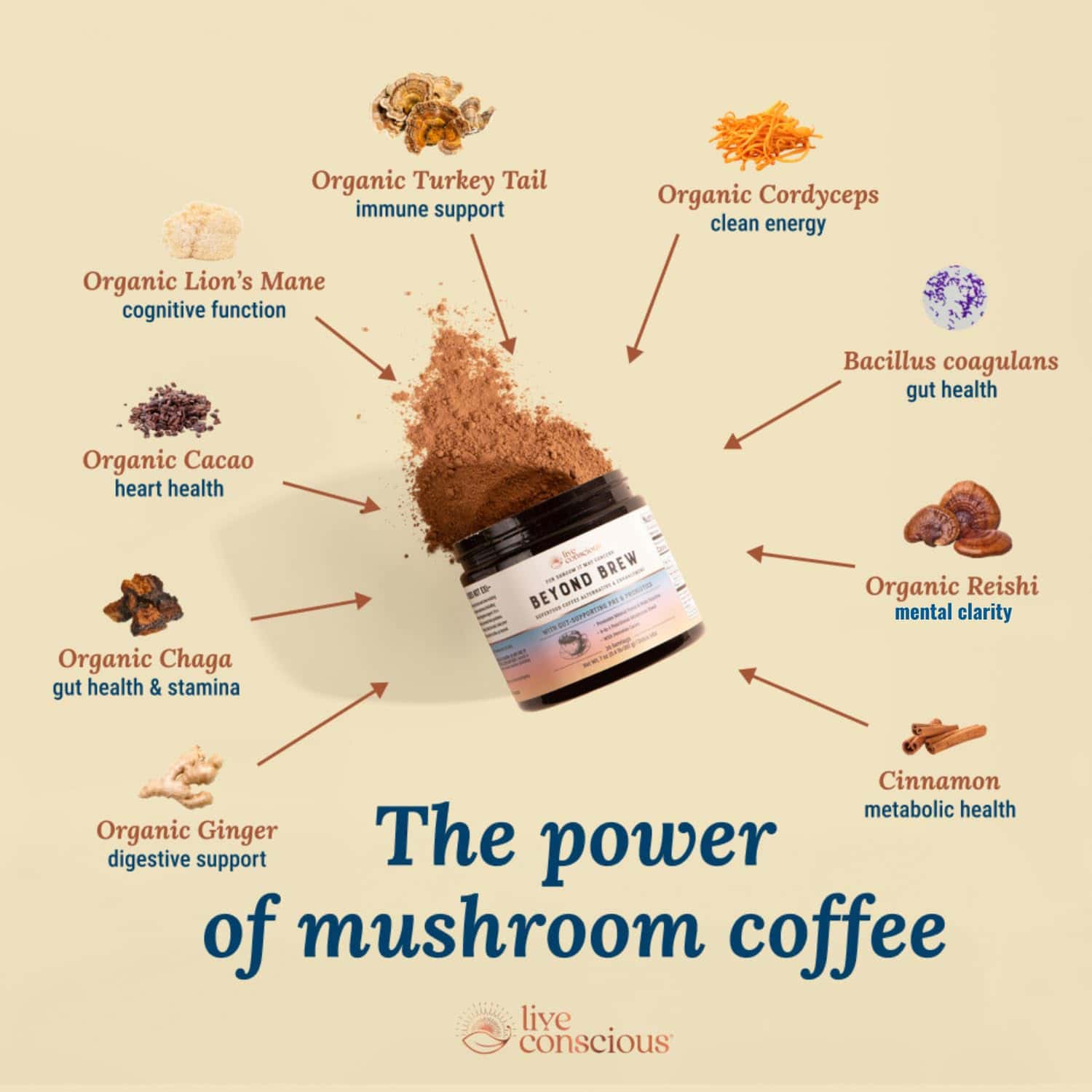 Live Conscious Beyond Brew Mushroom Superfood Coffee, 30 Servings Net Wt. 7 oz (0.4 lb/201g)