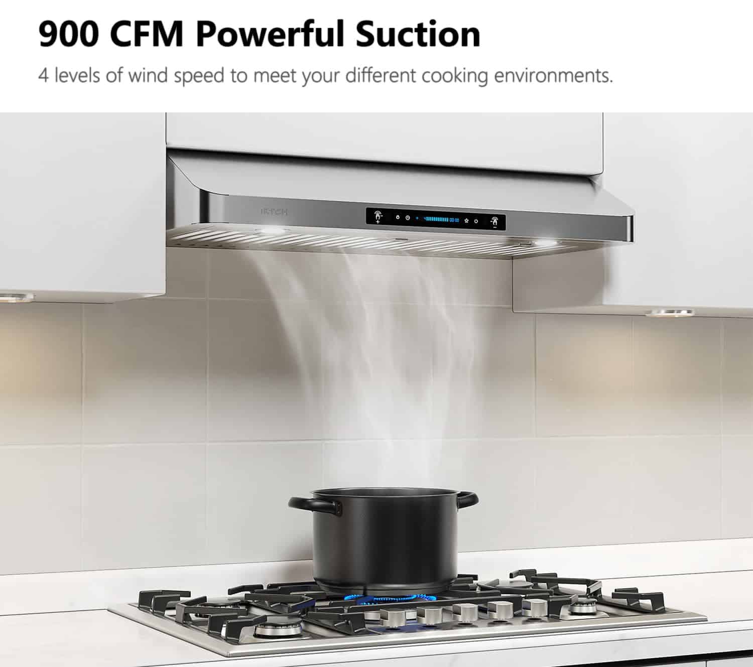 IKTCH 30 Inch Under Cabinet Range Hood with 900-CFM, 4 Speed Gesture Sensing & Touch Control Panel (IKC01-30)