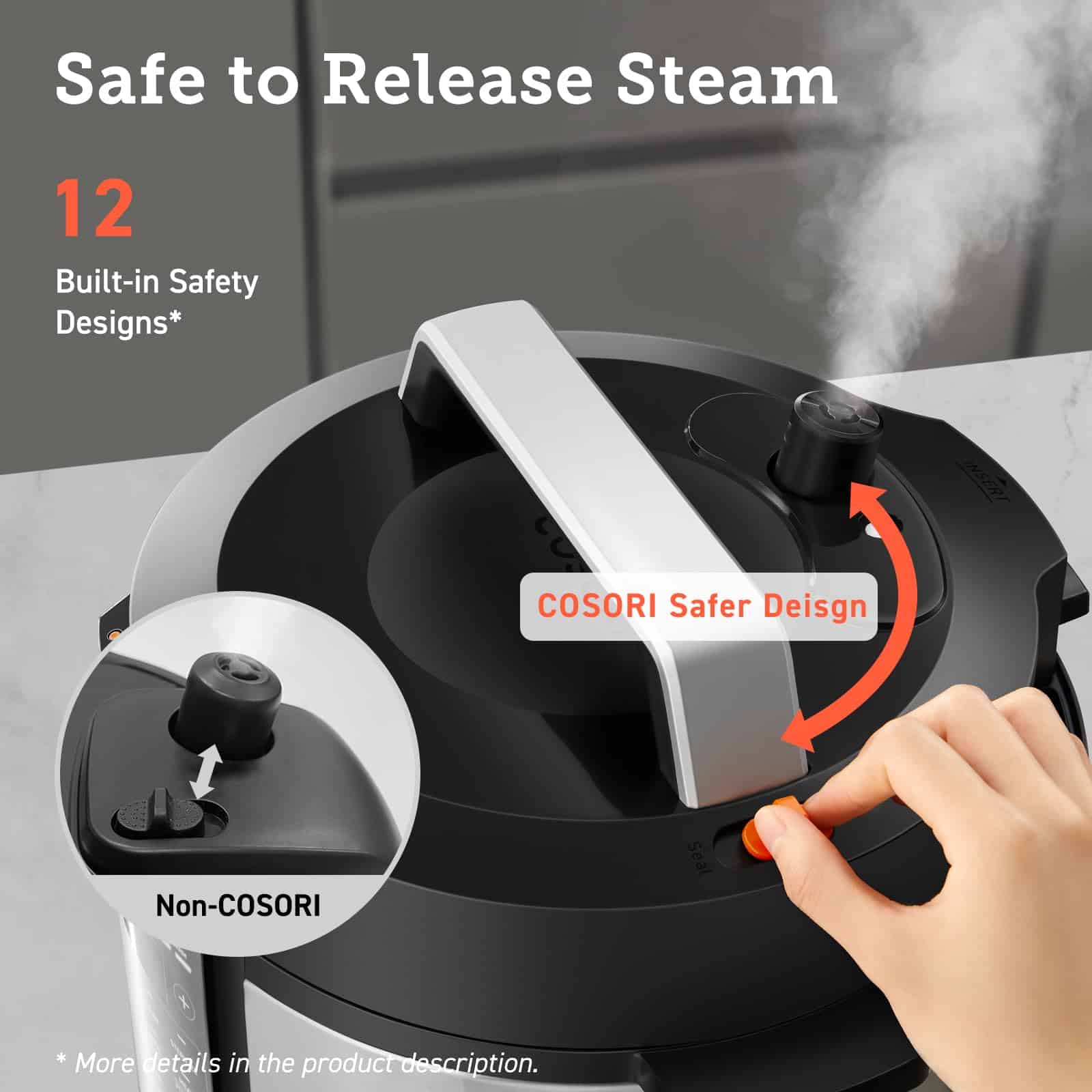 COSORI Electric Pressure Cooker 6 qt, 9-in-1 Instant Multi Cooker with Safer Venting Design, 1100W, Stainless Steel