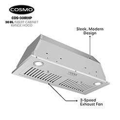 COSMO COS-30IRHP 30 in. Insert Range Hood with Push Button Controls, 3-Speed Fan, LED Lights and Permanent Filters in Stainless Steel