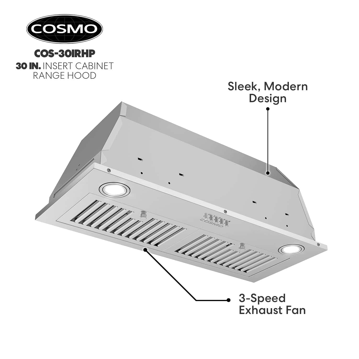 COSMO COS-30IRHP 30 in. Insert Range Hood with Push Button Controls, 3-Speed Fan, LED Lights and Permanent Filters in Stainless Steel