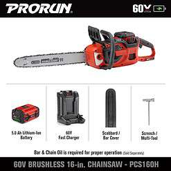 PRORUN PCS160H 60-volt Max 16-in Battery 5 Ah Chainsaw (Battery and Charger Included)