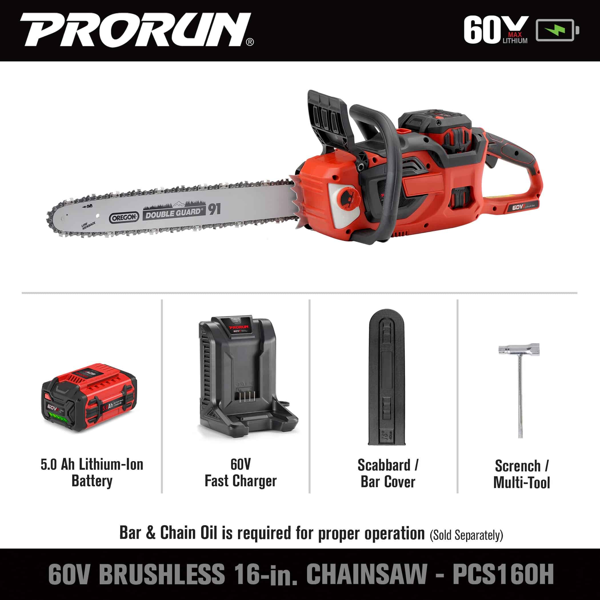 PRORUN PCS160H 60-volt Max 16-in Battery 5 Ah Chainsaw (Battery and Charger Included)