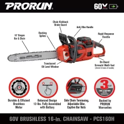 PRORUN PCS160H 60-volt Max 16-in Battery 5 Ah Chainsaw (Battery and Charger Included)