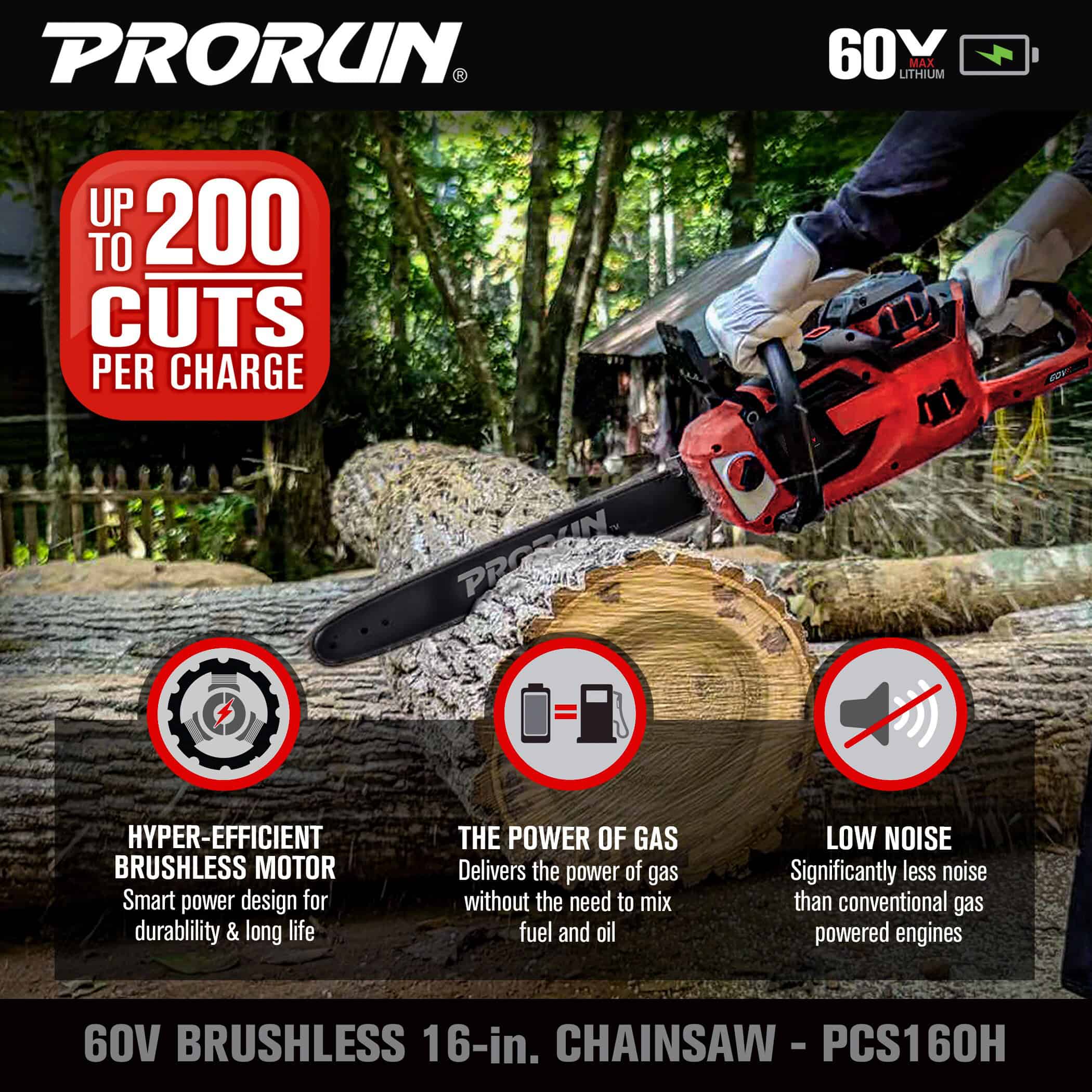 PRORUN PCS160H 60-volt Max 16-in Battery 5 Ah Chainsaw (Battery and Charger Included)
