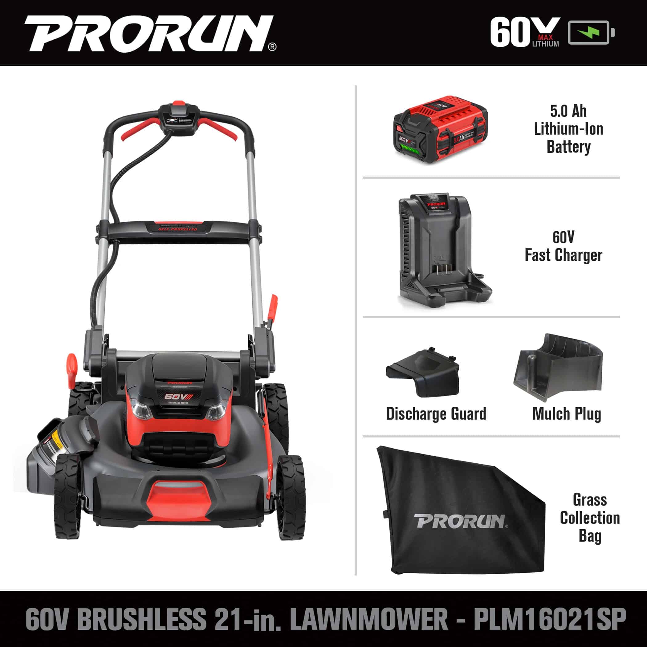 PRORUN PLM16021SP 60-volt 21-in Cordless Self-propelled Lawn Mower 5 Ah (1-Battery and Charger Included)