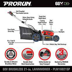 PRORUN PLM16021SP 60-volt 21-in Cordless Self-propelled Lawn Mower 5 Ah (1-Battery and Charger Included)