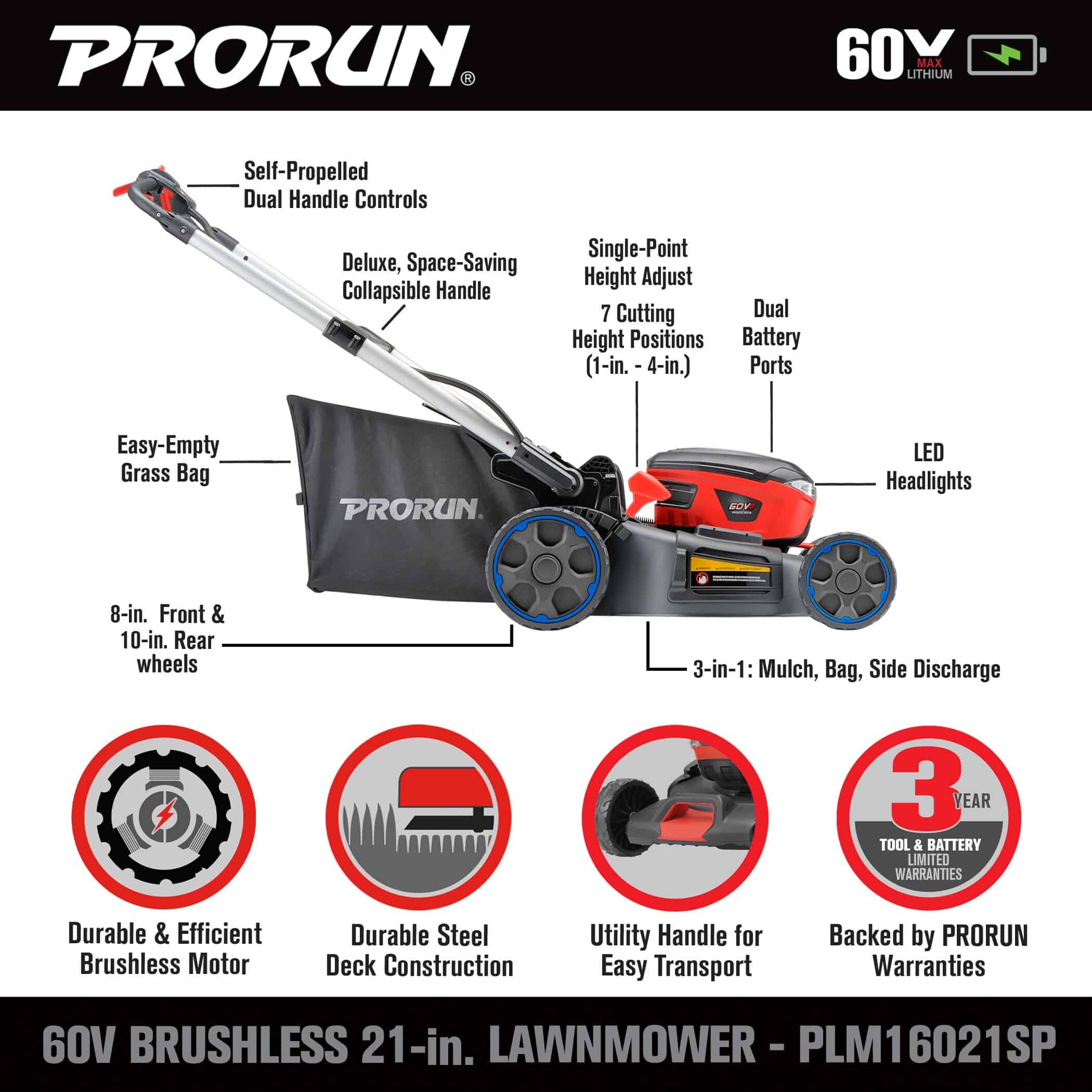 PRORUN PLM16021SP 60-volt 21-in Cordless Self-propelled Lawn Mower 5 Ah (1-Battery and Charger Included)