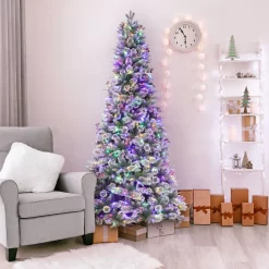 Holiday Living 7.5-ft Slim Flocked Frost Berry Mixed Needle Pre-lit LED Artificial Christmas Tree