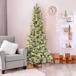 Holiday Living 7.5-ft Slim Flocked Frost Berry Mixed Needle Pre-lit LED Artificial Christmas Tree